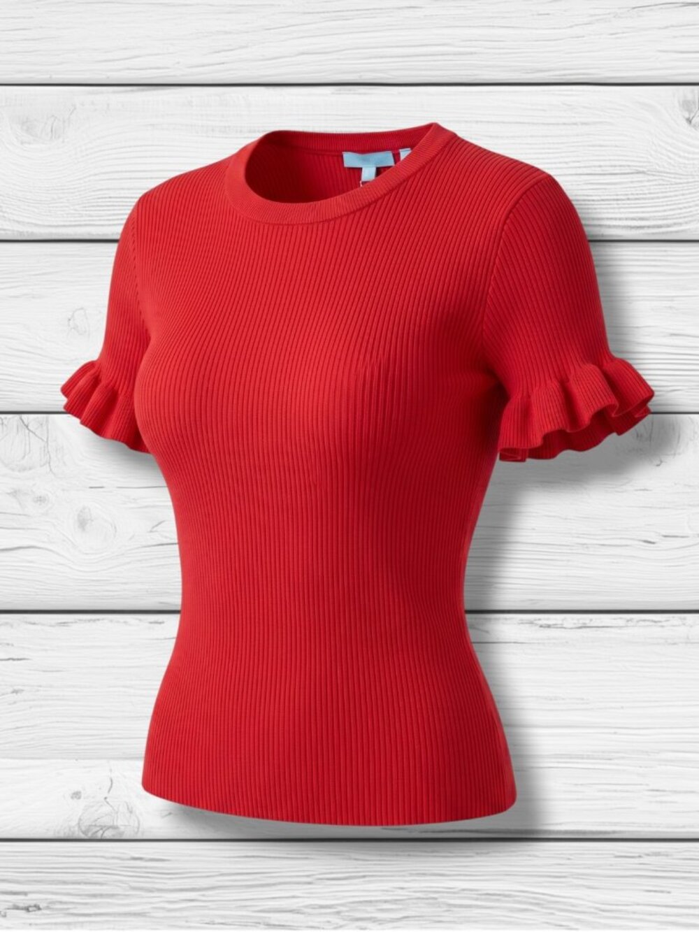 Draper James RSVP Red Ribbed Flutter Short Sleeve Top L